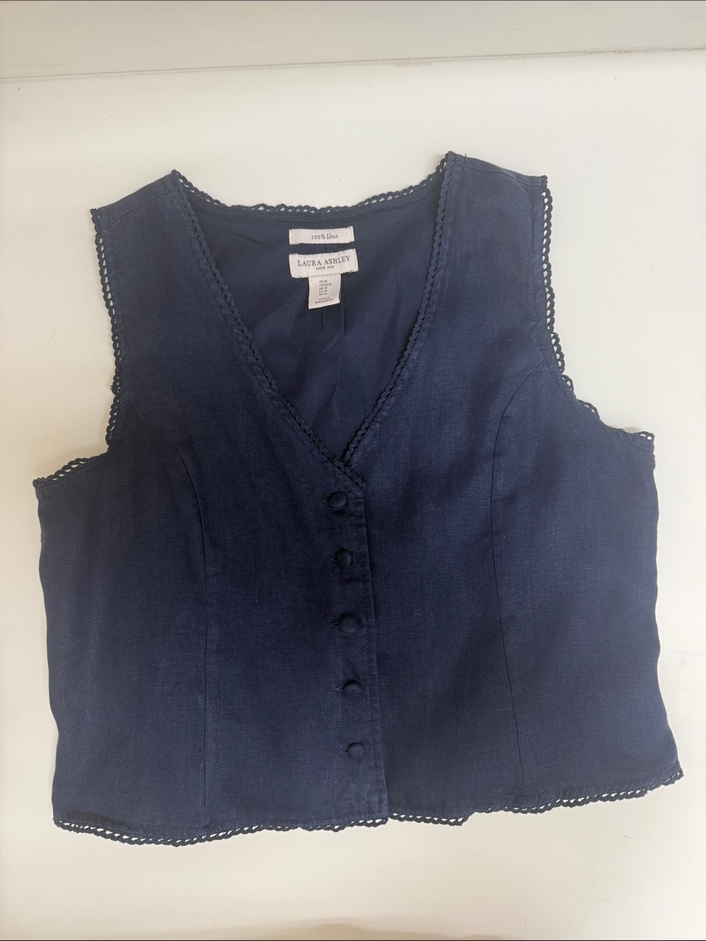 Laura Ashley Navy Blue Linen Blend Cropped Button Front Vest